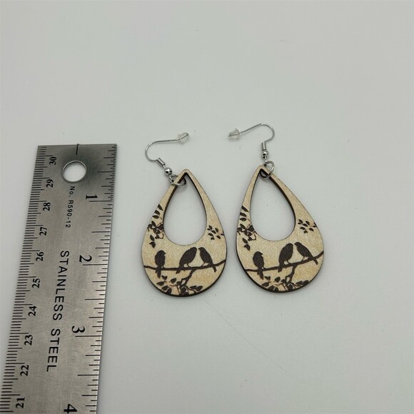 Large Teardrop Beige Dangle Earrings Black Birds on Branch Nature Leaves - Picture 5 of 7